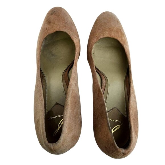 Brian Atwood Suede Platform Pumps in Beige with Pink-Gold Snake Trim – Size 11 - Picture 14 of 15